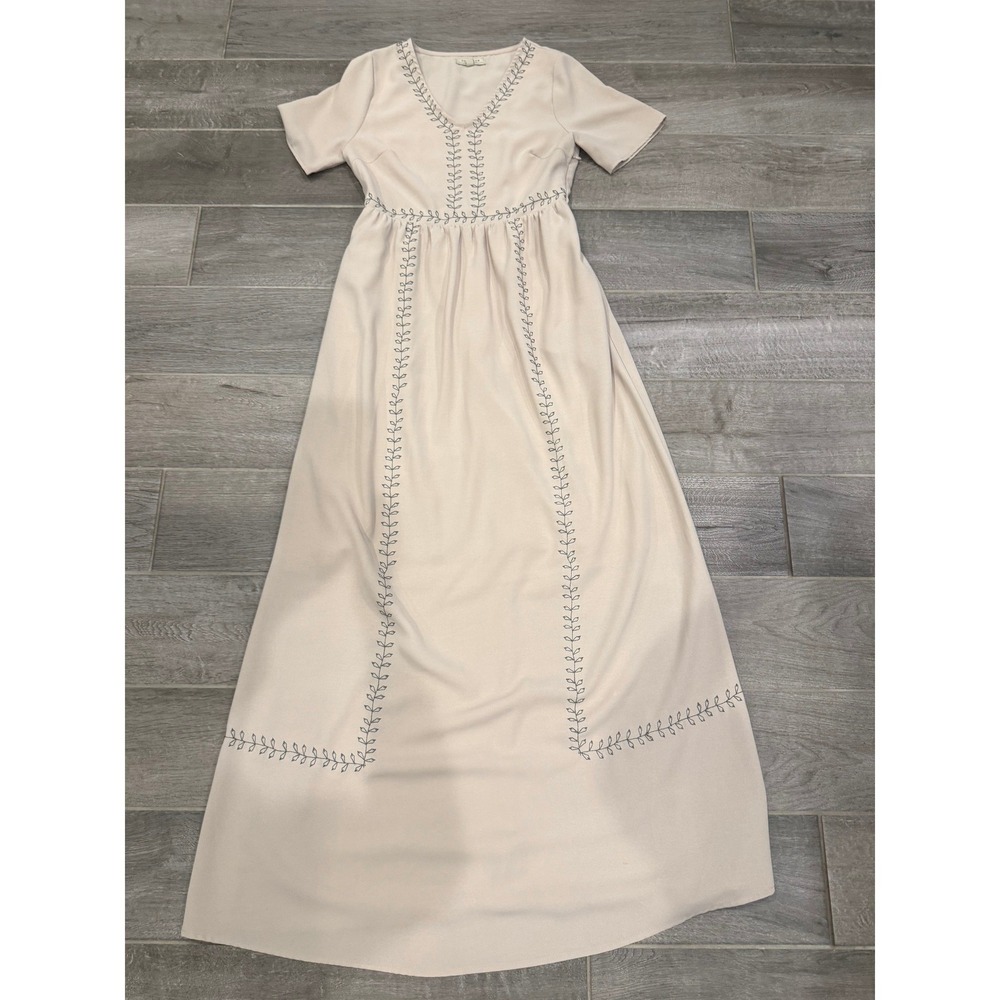 Polagram Maxi Dress Womens Small Cream Embroidered Boho V-Neck Empire Good